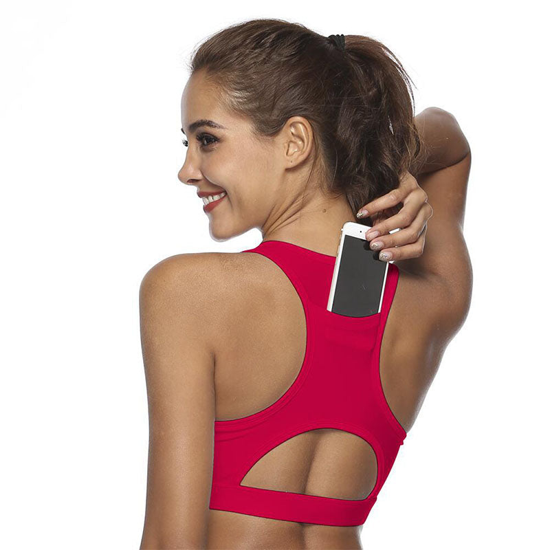 Sports Bra with Back Pocket Medium Support Breathable Underwear-Red