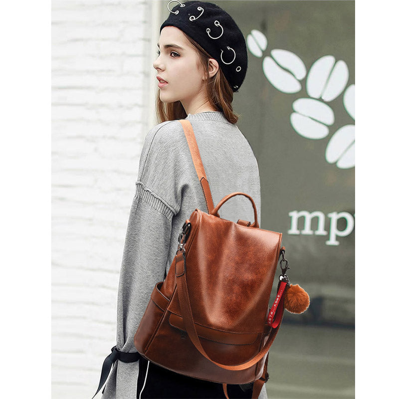 Women Backpack PU Leather Anti-theft Casual Fashion Shoulder Bag-Brown