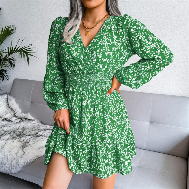 Womens Floral Long Sleeve V Neck Elastic High Waist Chiffon Dress-Green