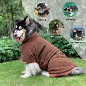 Dog Bathrobe Microfibre Fast Drying Towel Adjustable Collar Waist-Coffee