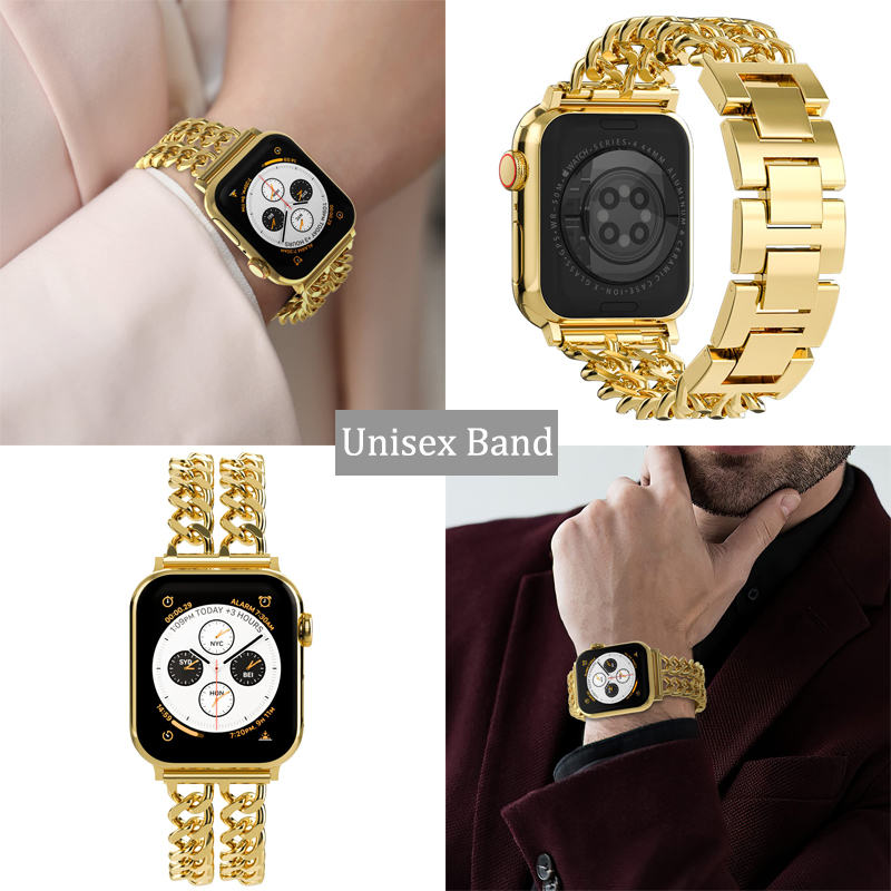 Metal Watch Band Double Chain Alloy Trendy Design for Apple Watch-Gold
