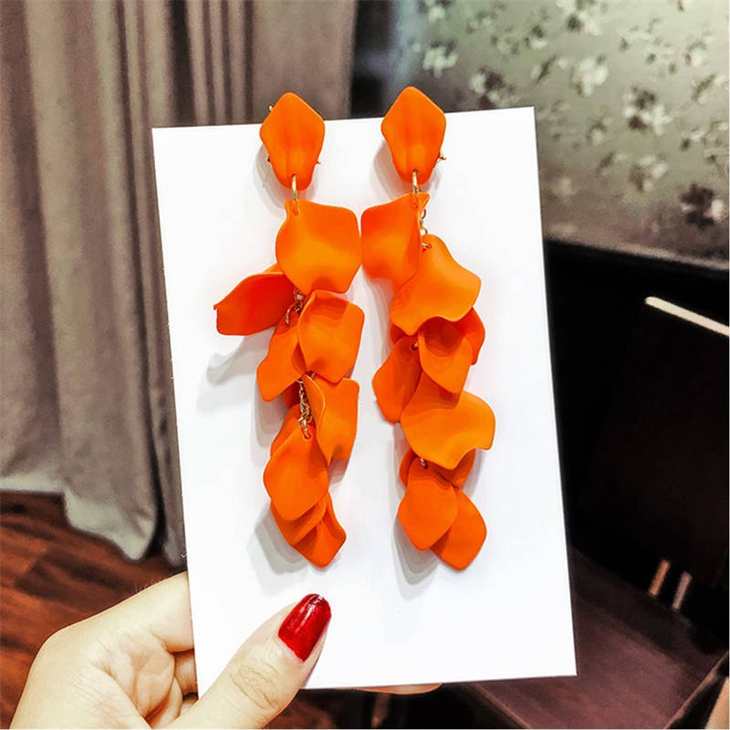 Long Drop Rose Petal Earrings for Women and Girls-Orange