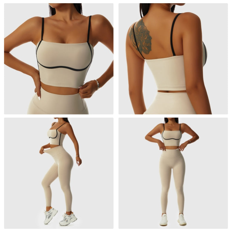 Spaghetti Strap Sports Bra Square Neck Padded Fitness Crop Tops-Milk Tea