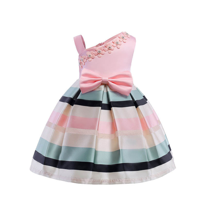 3-9T Girls Kids Single Shoulder Striped Floral Ruffles Flower Dress Ball Gown-Pink