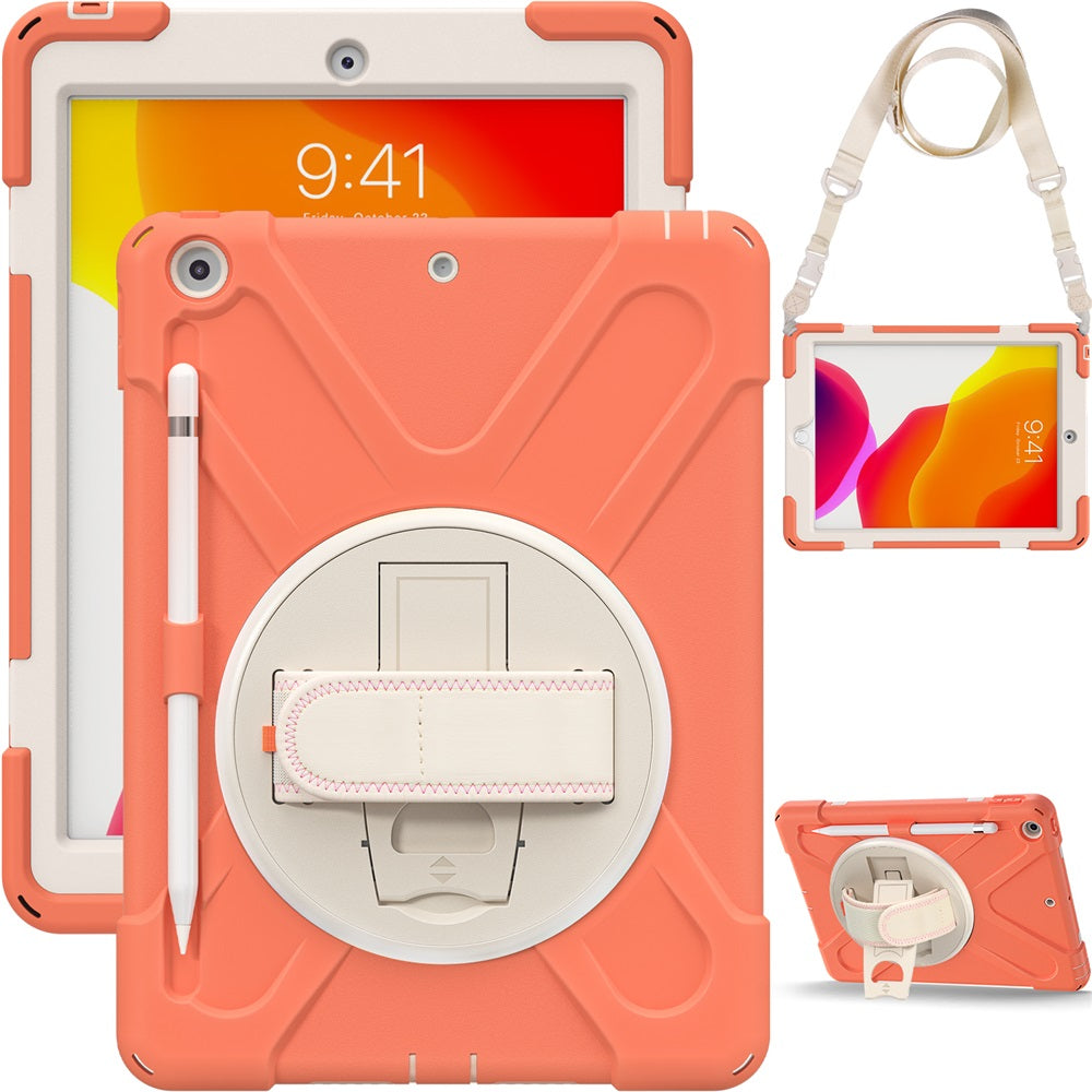 Morandi Case For iPad 10.2 2019/2020 Kids Safe Shockproof Protective Cover With Kickstand+Strap-Coral Orange