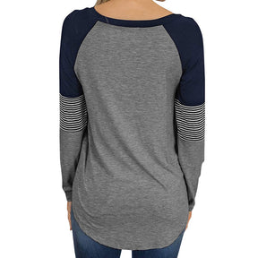 Womens Color Block Round Neck Tunic Top Casual Long Sleeve Shirt-Gray