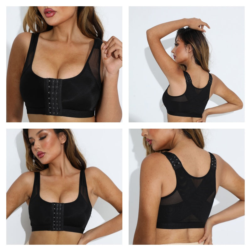Wireless Sports Bra Front Adjustable Closure Crop Shapewear-Black