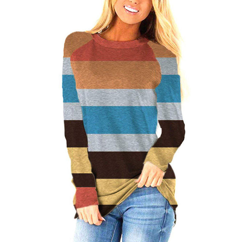 Womens Colorblock Striped Crewneck Loose Top Long Sleeve-OrangeBlue