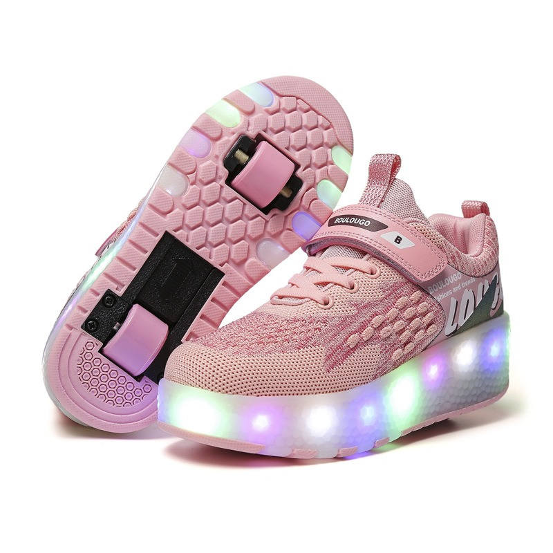 Kids Roller Shoes LED Light Rechargeable with Double Wheel-Pink