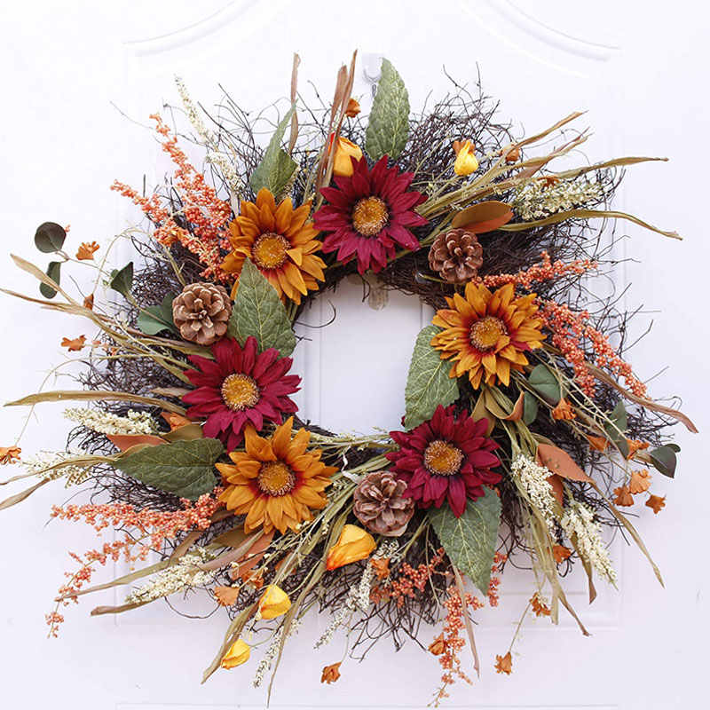 24in Sunflower Wreath in Autumn Holiday Decoration Gift for Front Door Window