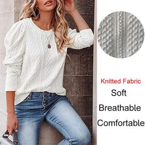 Womens Long Sleeve Sweaters Solid Color Jacquard Weave Round Neck Knit Tops-White