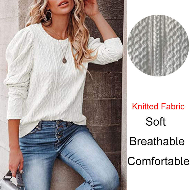 Womens Long Sleeve Sweaters Solid Color Jacquard Weave Round Neck Knit Tops-White