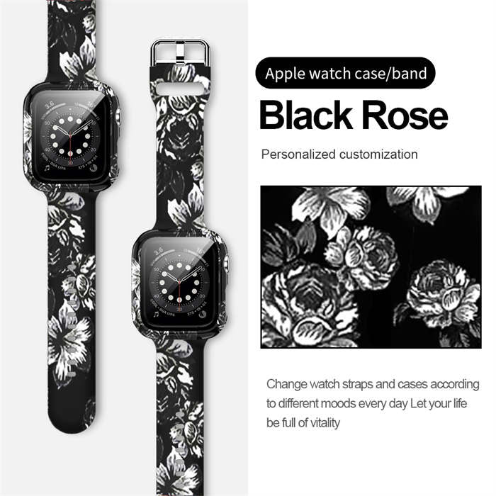 Silicone Printed Watch Band with Screen Protector Case for iWatch Series SE/6/5/4/3/2/1-BlackRose