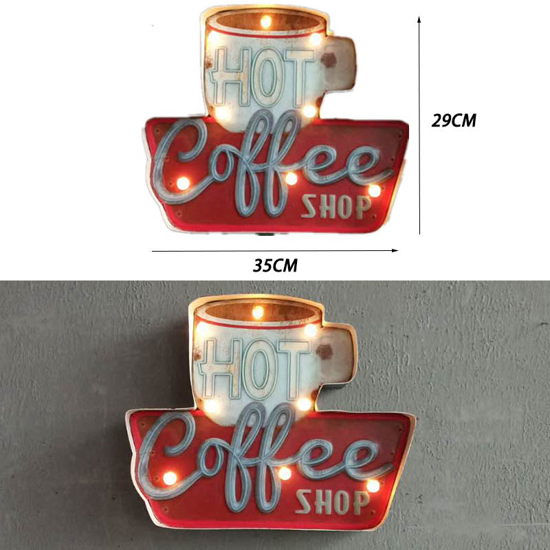 Retro LED Lamp Wall Decoration Coffee Embossed Metal Sign