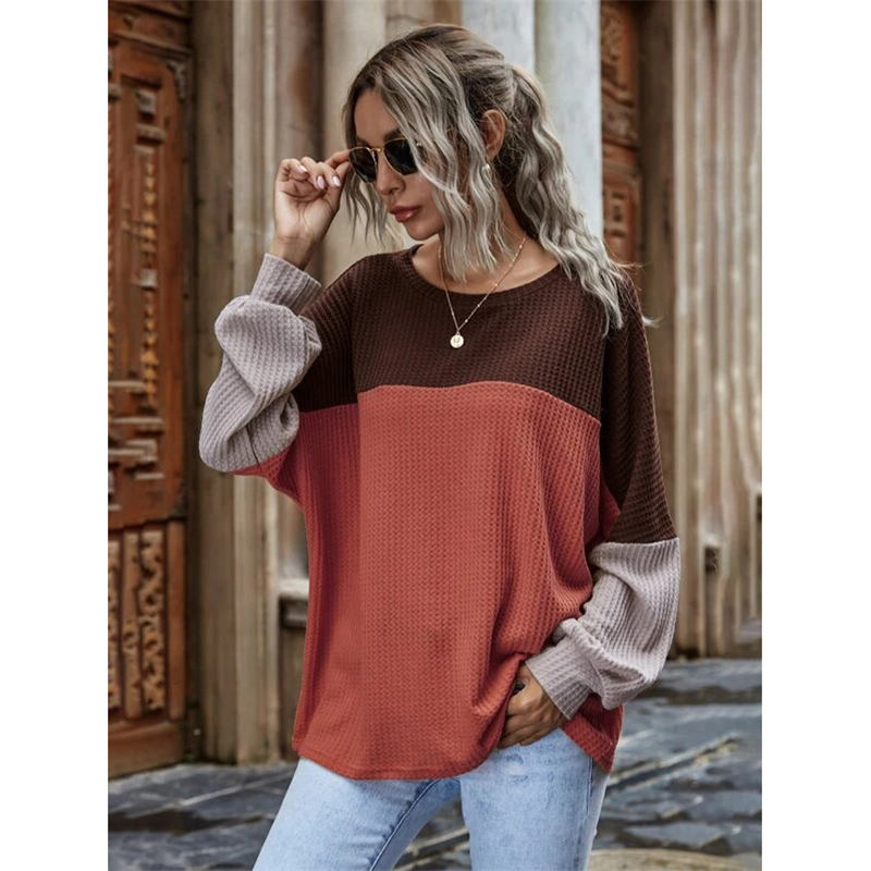 Women Waffle Color Block Sweatshirt Long Sleeve-Brick Red