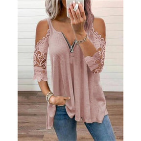 Cold Shoulder Tops For Women Sexy Low Cut V Neck Shirts with Lace 3/4 Sleeve-Pink