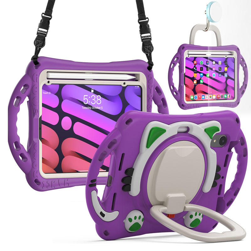 CatB Silicone Case For iPad Mini 6 Shockproof Shoulder Strap Handle Stand-Purple