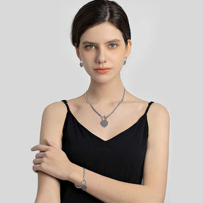 Heart Pendant Necklace Bracelet Earrings 3 Piece Set-Silver