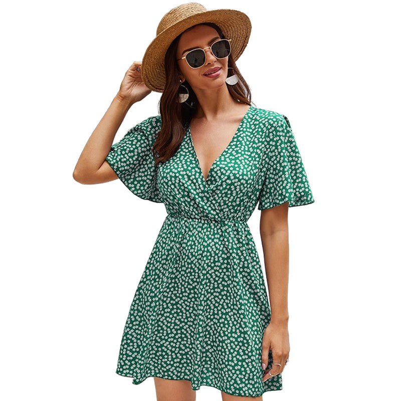 Womens Chiffon Deep V Neck Printed Summer Boho Dresses High Waist