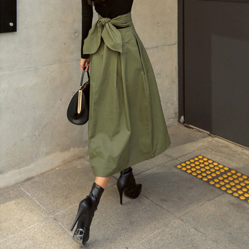 Womens Elegant High Waist Bowknot Skirt Back Tie Long Dress-ArmyGreen