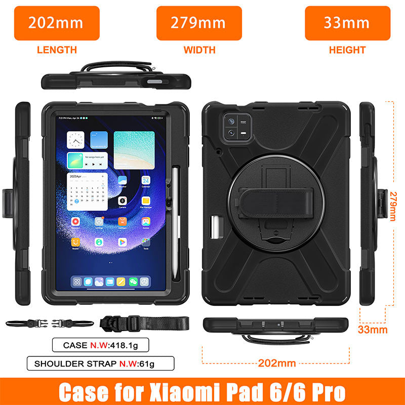 Onepiece Tablet Case for Xiaomi Pad 6 Rugged Lightweight Cover with Handle Strap Shoulder Strap -Black