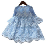 Flower Girls Wedding Dress Lace Short Sleeve Tulle Summer Vintage Dresses-Light Blue