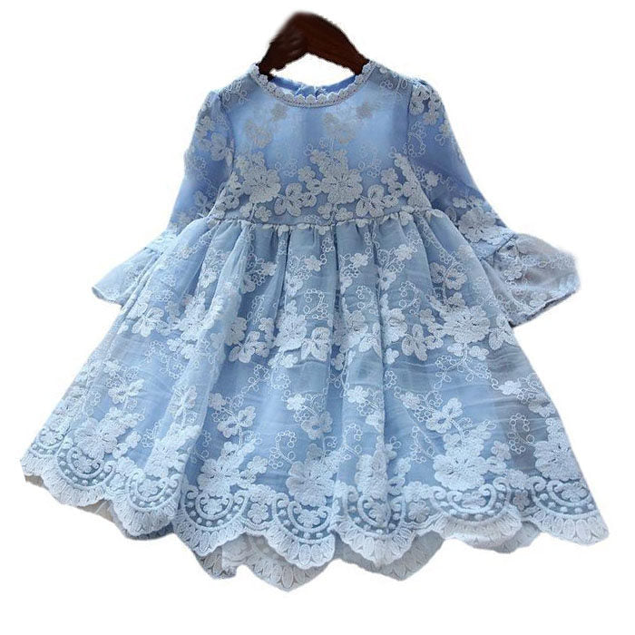 Flower Girls Wedding Dress Lace Short Sleeve Tulle Summer Vintage Dresses-Light Blue
