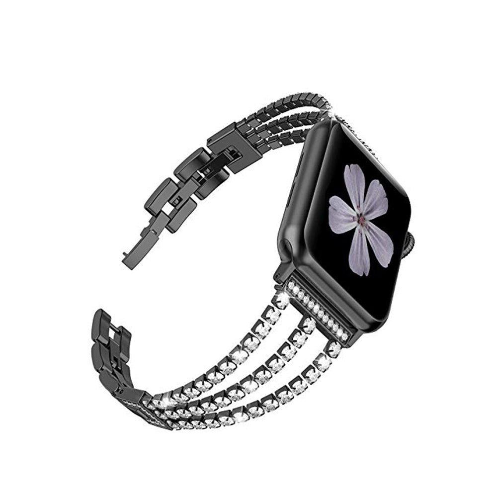 Three Rows Diamond Metal Watch Band For Apple Watch SE/6/5/4/3/2/1(Black)