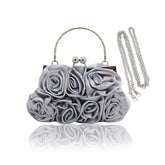 Roses Clutch Purse Satin Money Clip Evening Handbag-Silver