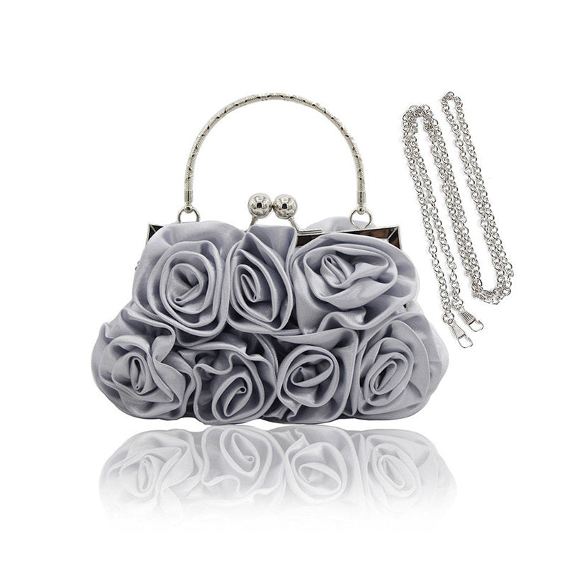 Roses Clutch Purse Satin Money Clip Evening Handbag-Silver