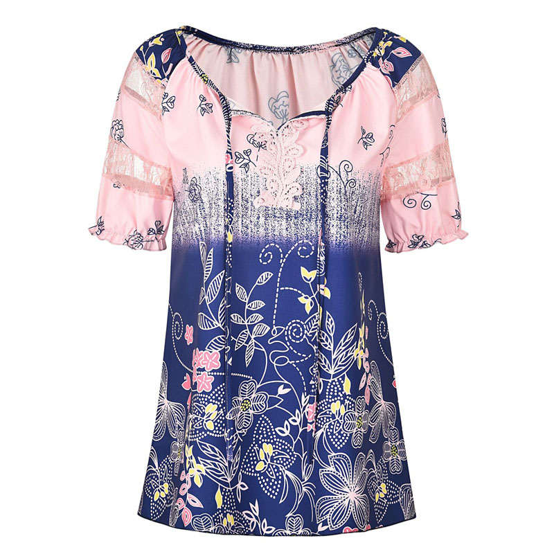 Womens Casual Boho Floral Print V Neck Lace Short Sleeve Tops-Pink