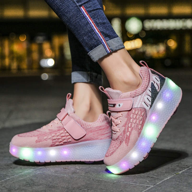 Kids Roller Shoes LED Light Rechargeable with Double Wheel-Pink