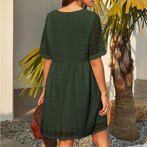 Womens Summer Short Sleeve V-neck Dress Swiss Dot A Line Dresses-Green