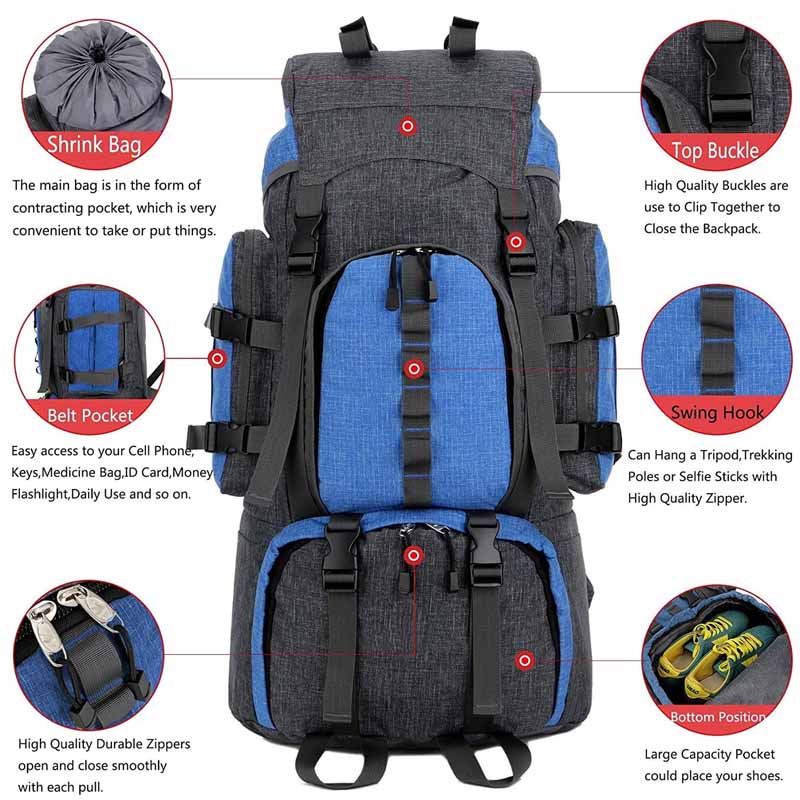 55L Backpack Internal Frame Hiking Water Resistant Travel Packs with Rain Cover-Blue