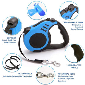 Retractable Dog Leash Lightweight Portative with Folding Bowl Dispenser Waste Bag-Blue