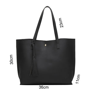 Womens Soft Leather Tote Shoulder Bag Big Capacity Tassel Handbag-Black