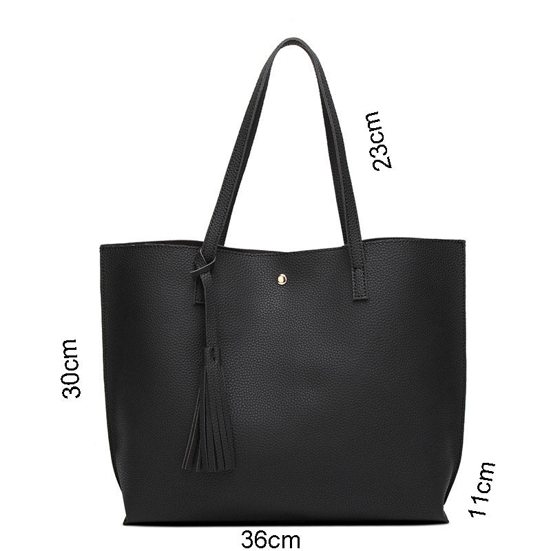 Womens Soft Leather Tote Shoulder Bag Big Capacity Tassel Handbag-Black