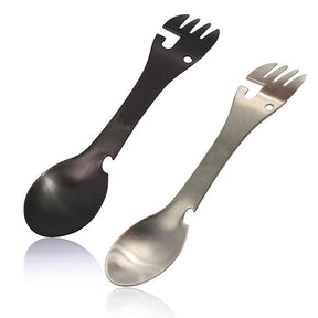 2Pack 5-in-1 Utility Tactical Spork Portable Stainless Steel Camping Utensil-BlackSilver