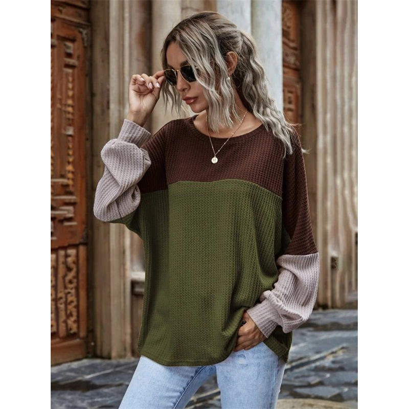 Women Waffle Color Block Sweatshirt Long Sleeve-Army Green