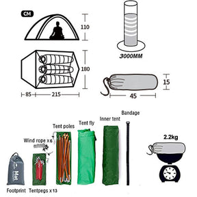 3 Person Camping Tent Lightweight Backpacking Waterproof Tent Easy Setup-Green