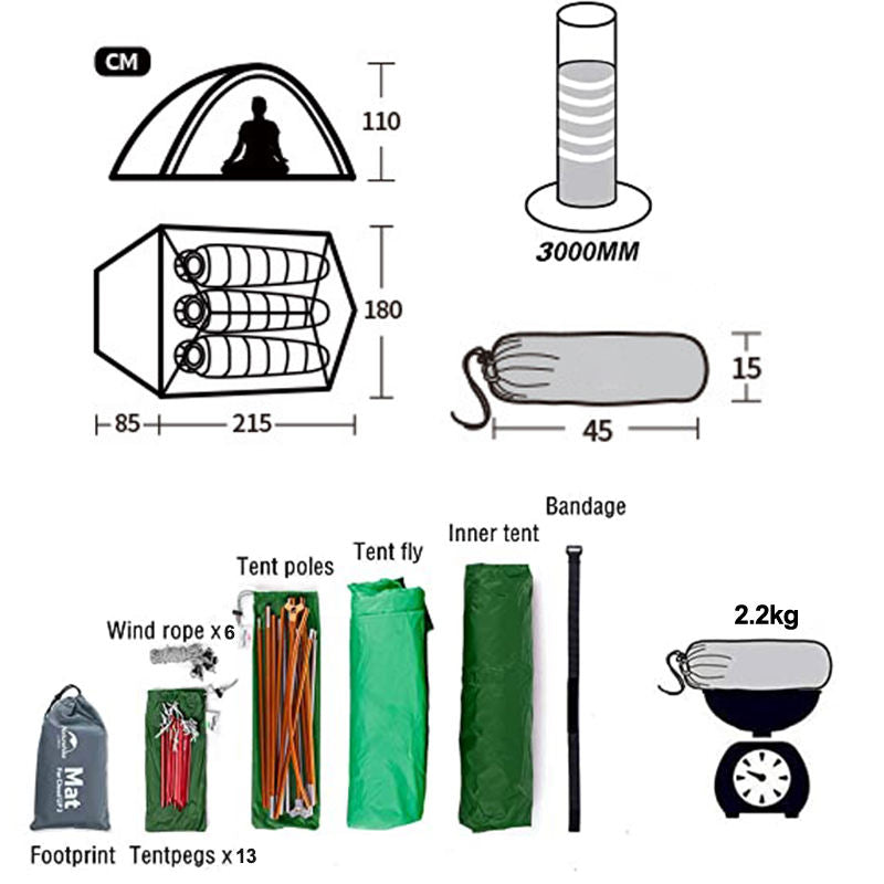 3 Person Camping Tent Lightweight Backpacking Waterproof Tent Easy Setup-Green