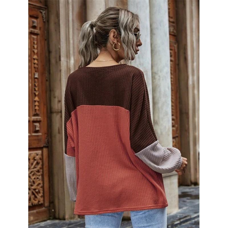 Women Waffle Color Block Sweatshirt Long Sleeve-Brick Red