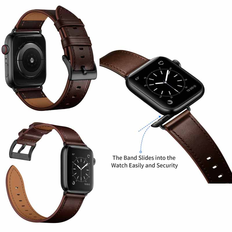 Classic Watchband Cowhide Suitable for iWatch Ultra Series 8 SE 7 6 5 4 3 2 1-Black-DarkBrown