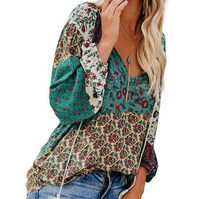 Womens V-neck Casual Boho Floral Print Long Sleeve Shirts-Green