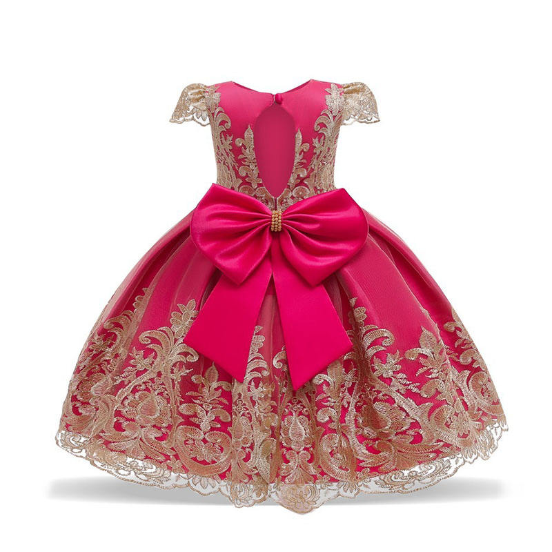Girl Flower Lace Printed Cotton Elegant Tulle Bow Belt Princess Dress-11Rose Red