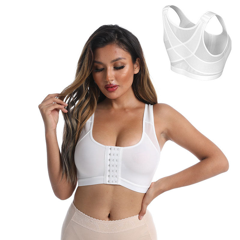 Wireless Sports Bra Front Adjustable Closure Crop Shapewear-White