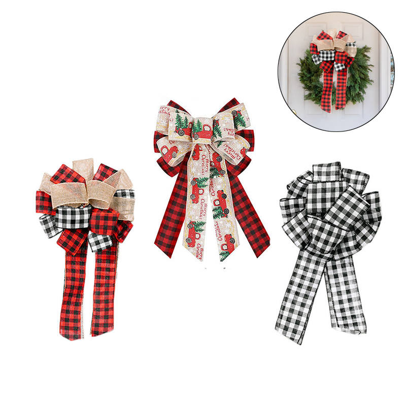 3 Pcs Christmas Plaid Bows Ornaments for Xmas Tree Topper Decor-MixColor