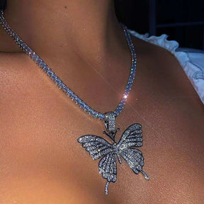 Sparkly Butterfly Rhinestone Pendant Necklaces for Women and Girls-Silver