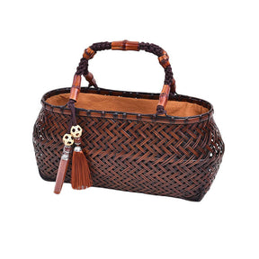 Retro Womens Bamboo Handbag Handmade Large Tote Bag Wicker Basket Bag With Ornaments