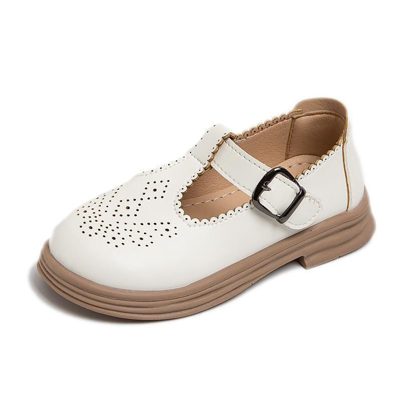 Toddlers Girls Brogues Shoes T-Strap Hook & Loop Retro Flats-White